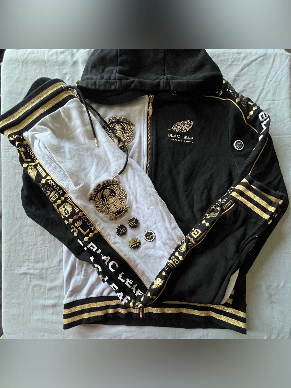 Blac Leaf Mens Tracksuit Set Large Black Gold Full Zip Hoodie Graphic Logo